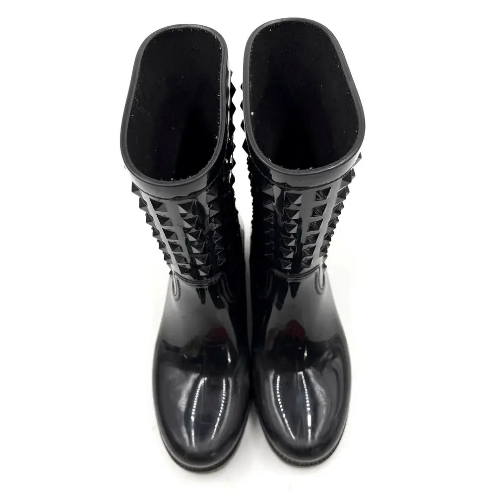 Valentino Rockstud Rainboots‎ Black Mid Calf Rubber Waterproof Sz 37 / 7 Women's